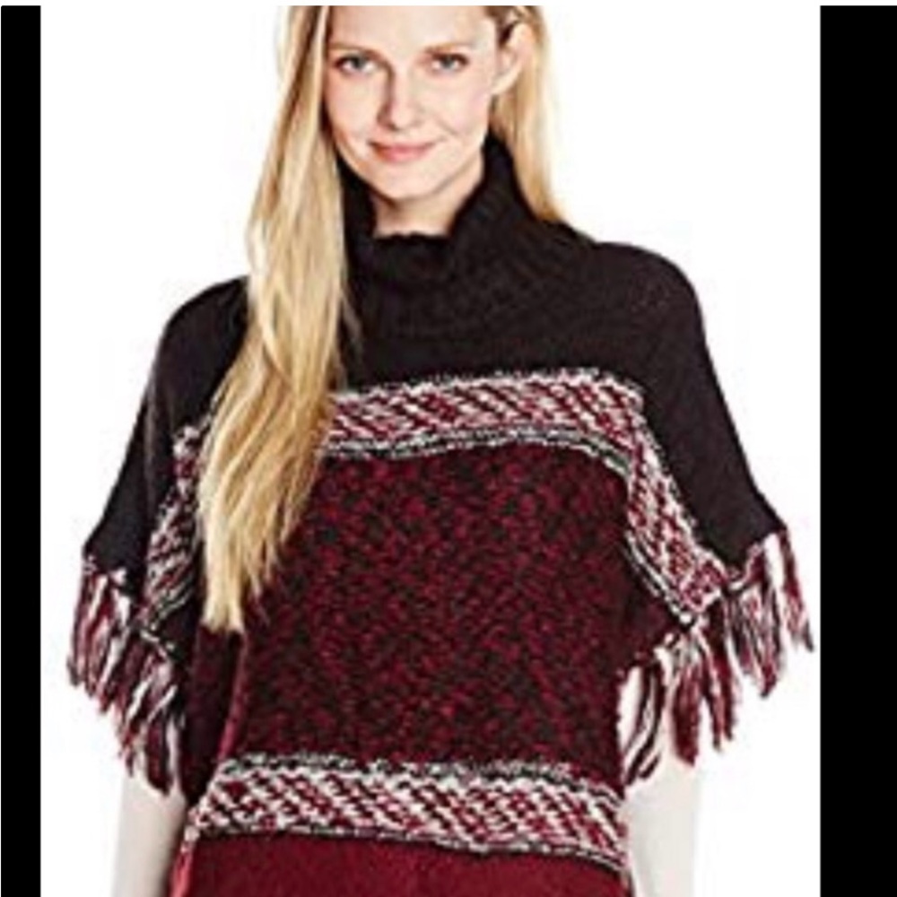 Chic Knit Fringe Poncho Sweater - Black and Red